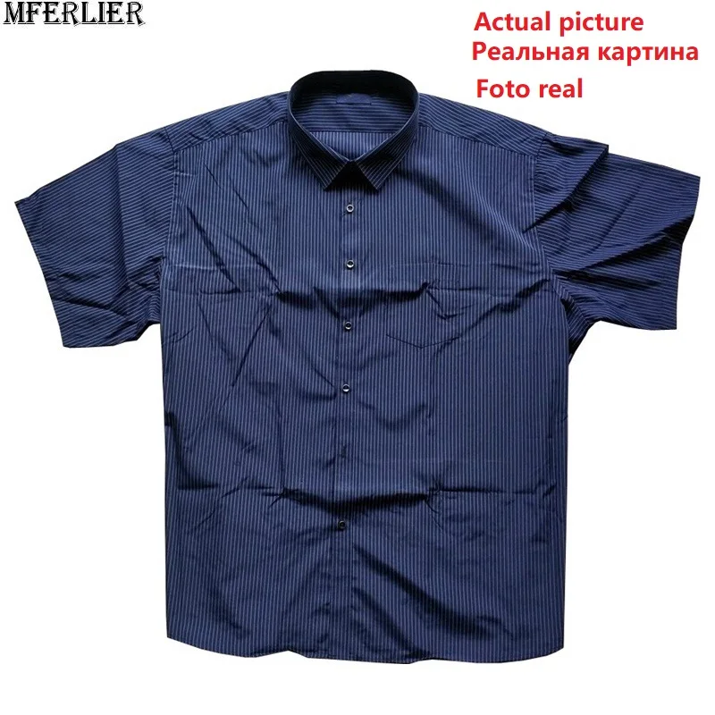 MFERLIER الصيف الرجال زائد حجم كبير قمصان مخطط قصيرة الأكمام 8XL 9XL 10XL 12XL رجل اللباس قميص الأعمال القطن العمل الأزرق قميص