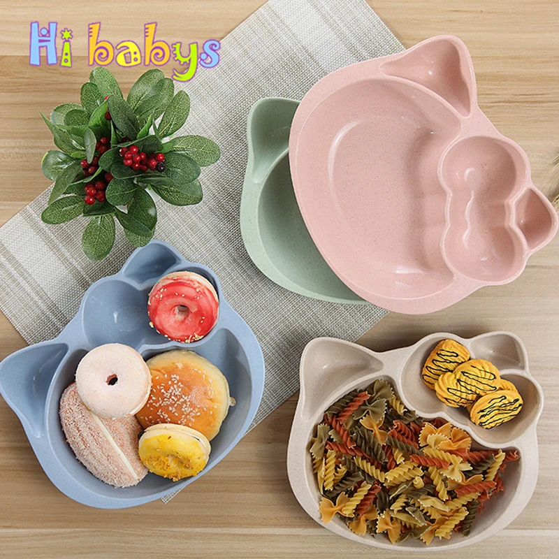 

Baby Tableware Feeding Bowl Plate Children Cute Cartoon Cat Dishes For Kids Feeding Training Dinnerware Wheat Straw Dishes Tray