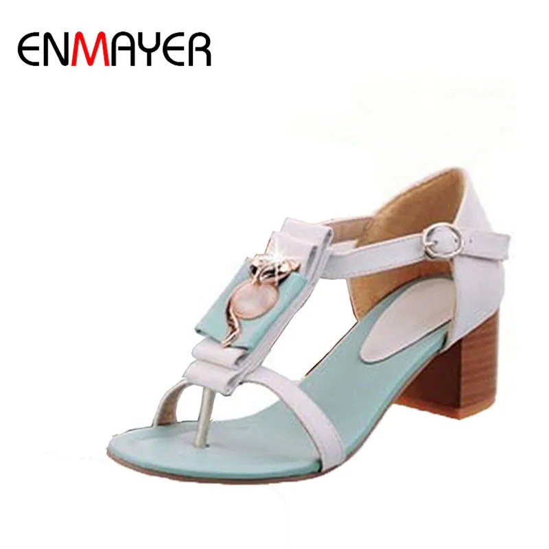 

ENMAYER PU Material T-Strap Med High Heels Cover Heels Sandals Square Heel Open Side Buckle Strap Outside Woman Shoes Size 34-43