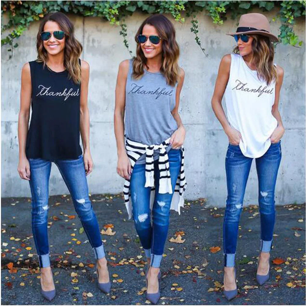 

Plus Size 3XL Solid Colors Letter Thankful Print Sleeveless O-Neck Tank Tops Fashion Casual Women Tank Tops Loose Ladies Tops