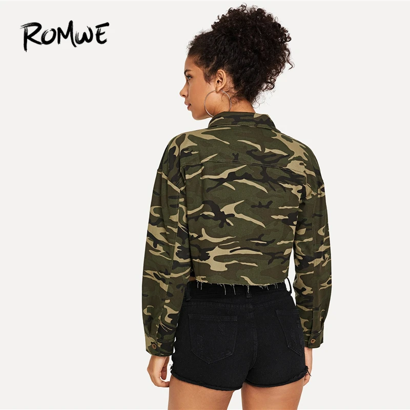 ROMWE многоцветная Повседневная кампусная камуфляжная куртка с карманами, однобортная укороченная куртка, осенняя женская верхняя одежда