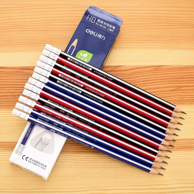 DELI Wooden Lead Pencils with Eraser HB/2B Pencils Triangular Pencils