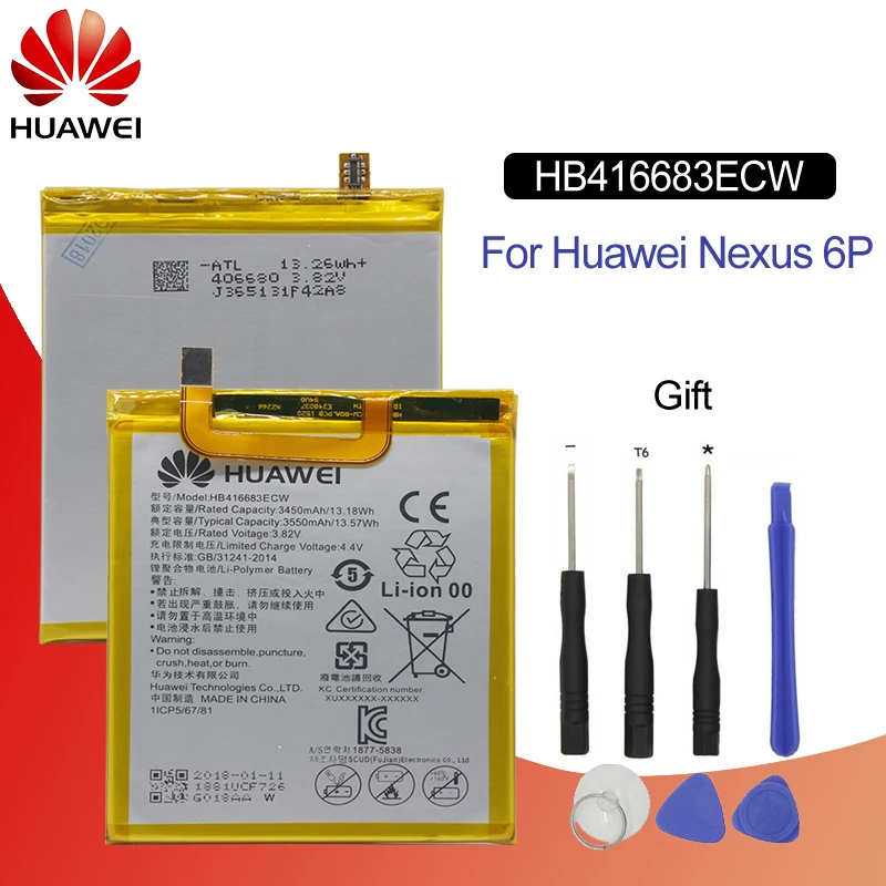 

Hua Wei Original Replacement Phone Battery HB416683ECW For Huawei Nexus 6P H1511 H1512 Rechargeable Li-ion battery 3450mAh+Tools
