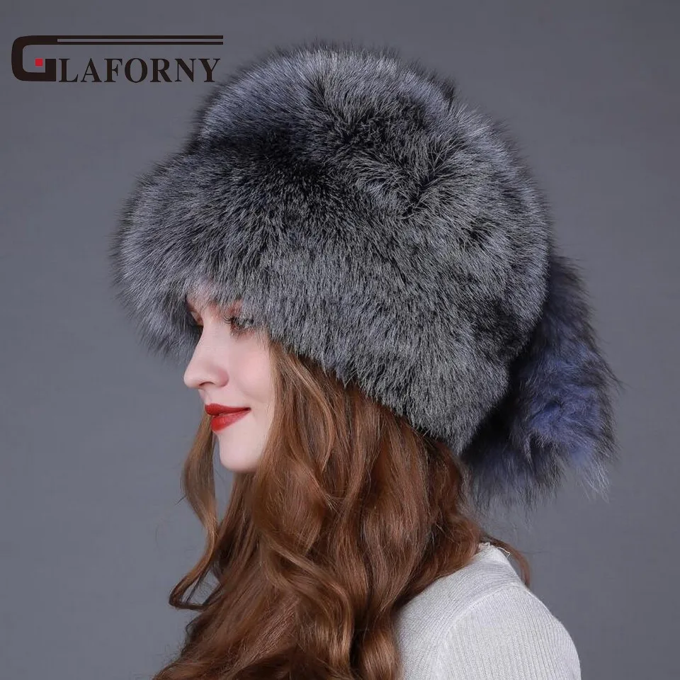 Glaforny 2018 модные шапки из меха серебристой лисы женские зимние лисьего