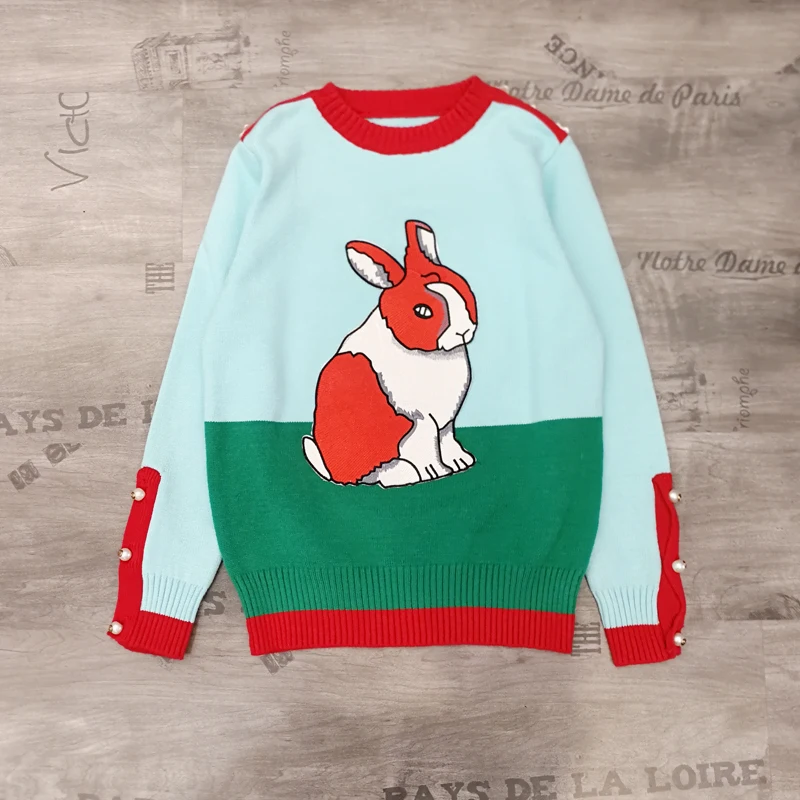 

Luxury Designer Brand Knitted Sweater for Women Runway O Neck Embroidered Putatch Rabbit Flowers Buttons Pullover Sweater