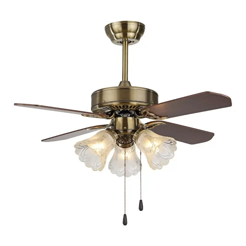 

Nordic brown retro line pull fan light with light pull-wire control LED silent wood fan bedroom living room ceiling lamp