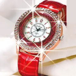 Горячая люксовый бренд часы моды горный хрусталь наручные Для женщин Повседневное кожа часы женские кварцевые дамские часы
