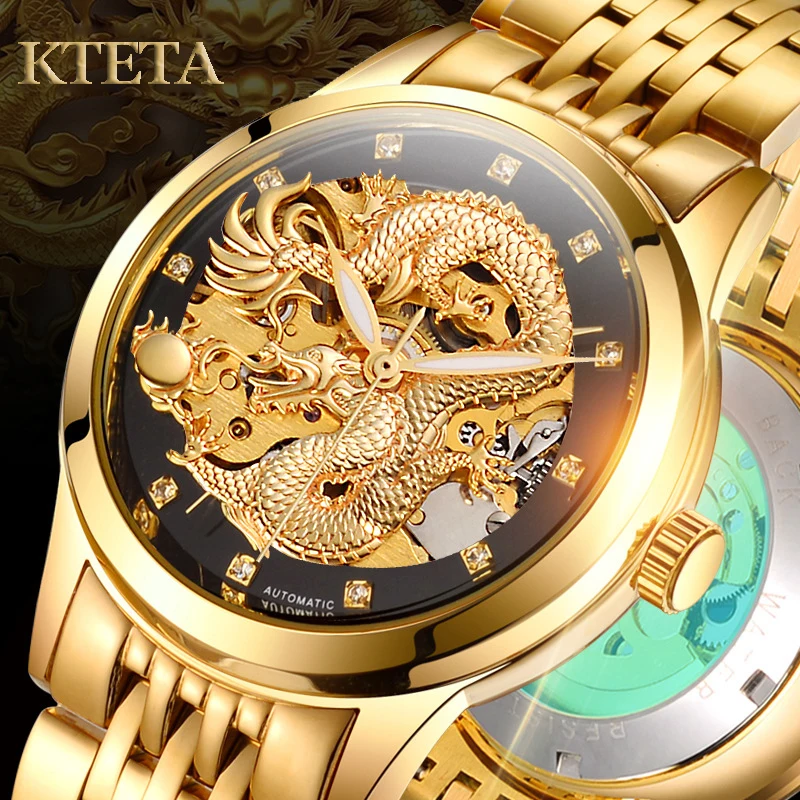 Reloj Hombre Dragon Skeleton Automatic Mechanical Watches For Men Wrist Watch Steel Strap Gold Clock 50m Waterproof Male