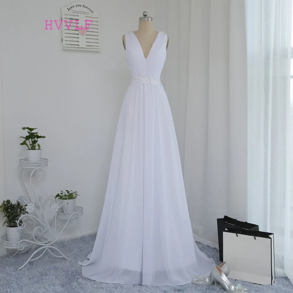 

New Vestido De Noiva 2019 Beach Wedding Dresses A-line Deep V-neck Appliques Lace Vintage Wedding Gown Bridal Dresses