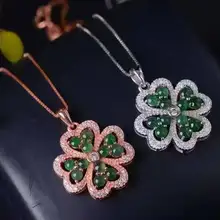 Натуральный зеленый нефритовый кулон S925 Стерлинговое серебро натуральный драгоценный камень кулон Цепочки и ожерелья модный элегантный в форме счастливого клевера, для женщин, ювелирное изделие для девочек