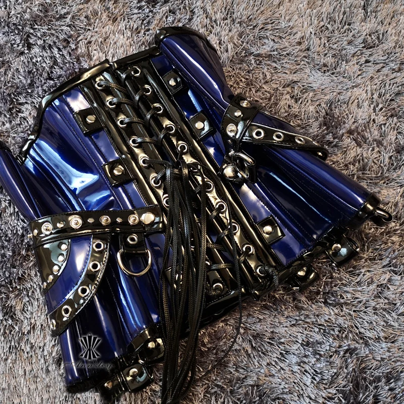2019 Annzley Corset Steel Boned Blue Leather Underbust Corset With Horn Lock And Detachable Belt (3)