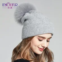 ENJOYFUR зимняя шапка для Для женщин натуральным лисьим мехом Pom мешковатая шапка шапки шерсть вязаная для девочек Шапки Женская зимняя обувь шапочки