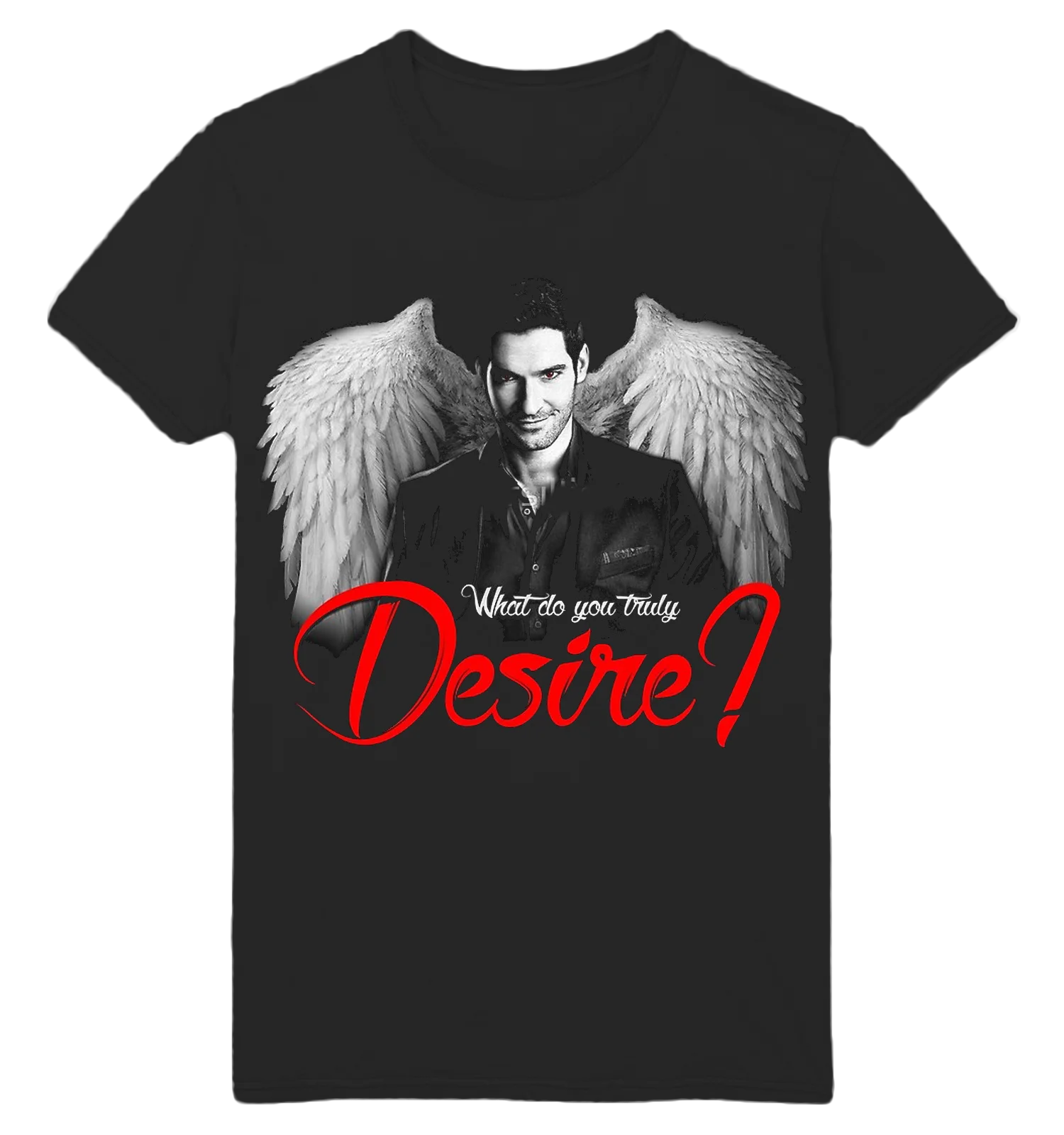 

LUCIFER MORNINGSTAR WHAT DO YOU TRULY DESIRE TOM ELLIS PH705 UNISEX BLACK TEE Cool Casual pride t shirt men Unisex Fashion