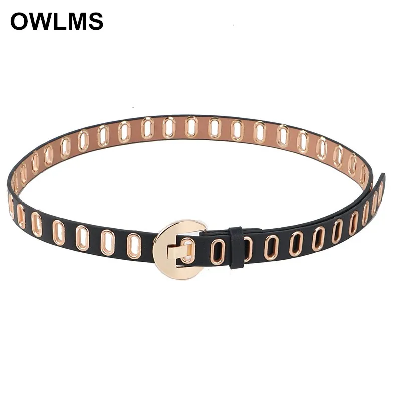 

New Women Belt Fashion Punk gold Metal Eye Decorate Jeans Belts black soft PU leather Street Style knotted pin buckle waistbands