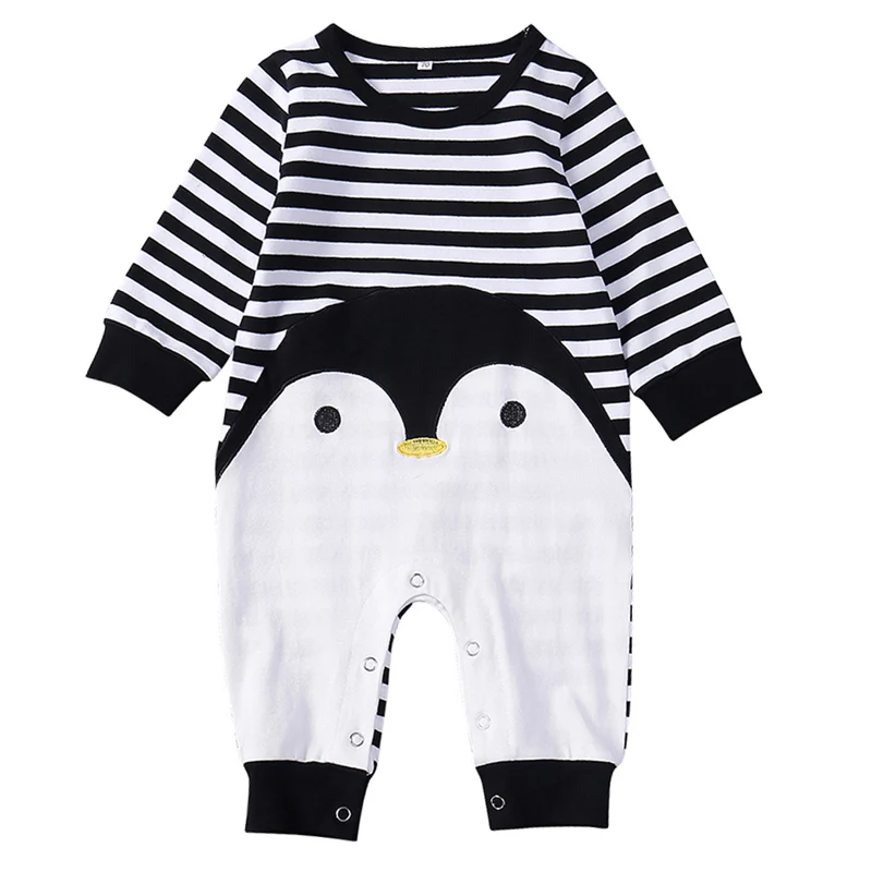 

Autumn Cute Cartoon Penguins Striped Print Bodysuit for Baby Boy Clothes Lovely Long Sleeve Casual Infant Outfit