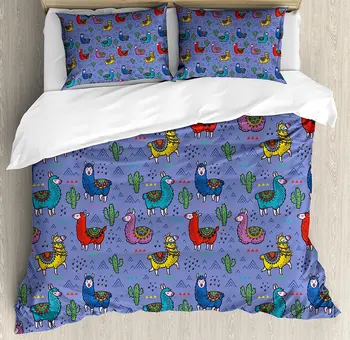 

Llama Duvet Cover Set Cartoon Style Furry Animals with Mexican Folk Details Triangles and Cactus Kids Design 4 Piece Bedding Set