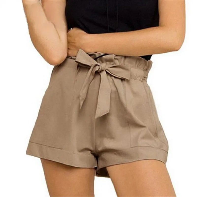 Для женщин летние повседневное дизайн высокая талия Свободные модные шорты для женские сплошные брюки с поясом черный, белый цвет
