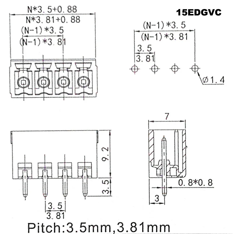 20 шт. Шаг 3,81 мм Винт плагин PCB клеммный блок Съемный разъем 15EDGK VC 5P 6P 7P 8P вертикальный болт мужской/женский morsettie