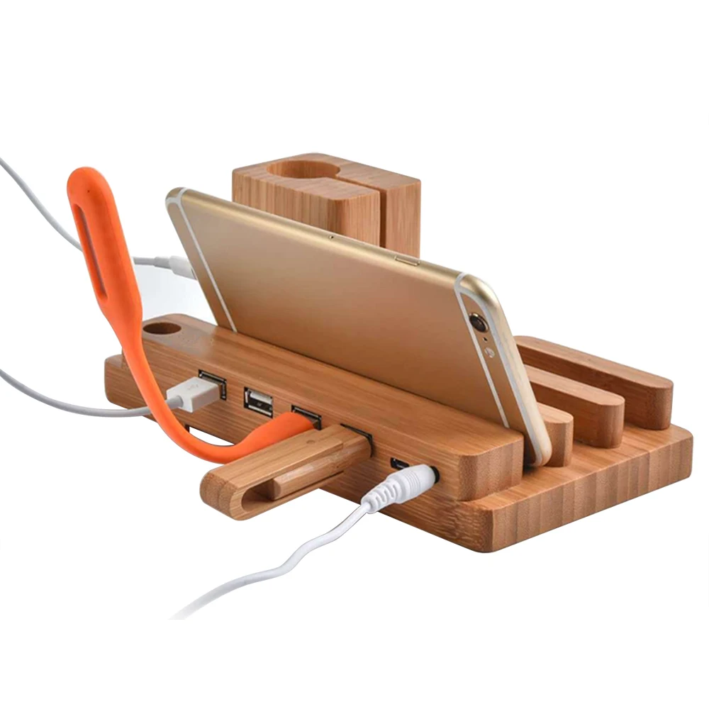 4 USB зарядная станция держатель телефона для iPhone iPad samsung Xiaomi зарядная док-станция бамбуковое дерево зарядное устройство держатель для Apple watch