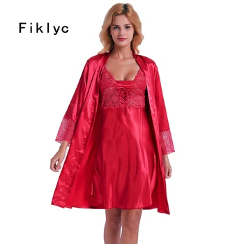

Fiklyc brand two pieces women's robe & gown sets fashion spring mini nightdress + long sleeve bathrobes sleepwear set hollow out