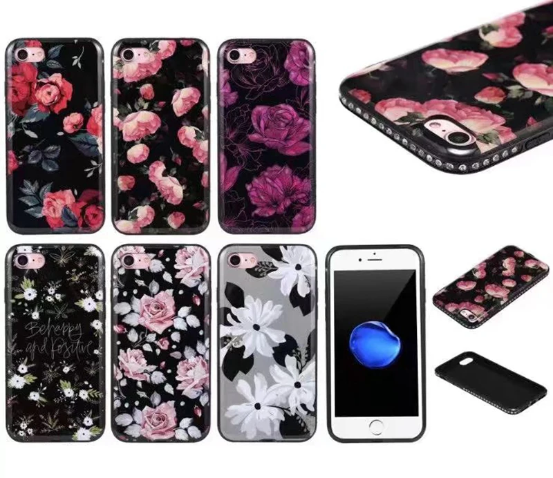 Stylish Rose Flower Soft TPU IMD Case For Iphone 7 Plus 6 6S SE 5 S Bling Diamond Silicone Fashion Black Skin Cover 100PCS |