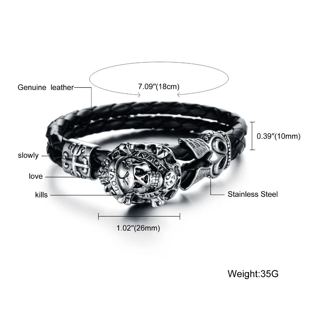 Fate Love Genuine Leather Men's Bracelet Skull Bangles Stainless Steel Chain Punk Wristband Men Jewelry Best New Year Gift FL845