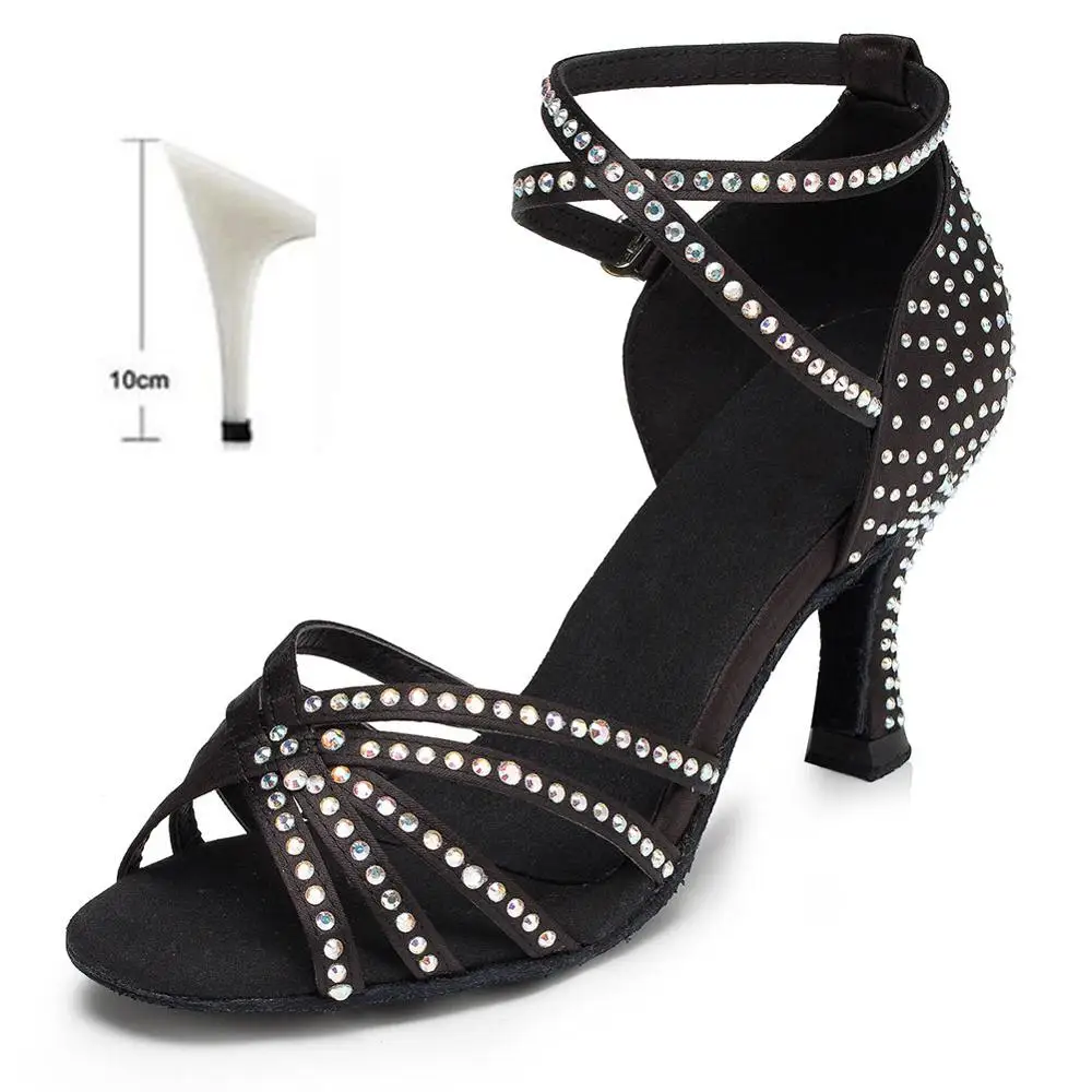 Латинская танцевальная обувь для детей для девочек, женщин, горный хрусталь, Бальные Профессиональный Танго Сальса обувь для танцев на вечеринках высокий каблук - Цвет: black4     10cm