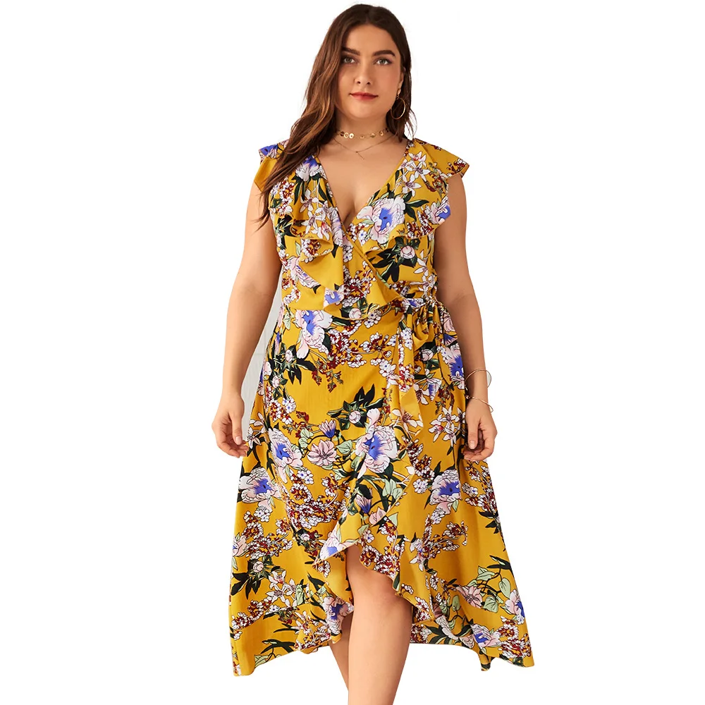 Yellow Floral Boho Dress 2019 Fashion Women Summer V Neck Sleeveless