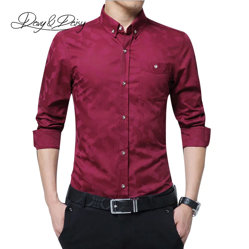 DAVYDAISY Высококачественная Мужская рубашка с длинным рукавом, приталенная, с принтом, деловая, мужская, формальная рубашка, 5XL, брендовая одежда, DS-124 - Цвет: Wine Red