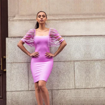 

2018 New Hot Selling Purple Bodycon Bandage Dress Women Party Dresses With Tassel Design Street Style Summer Clothing Wholesale