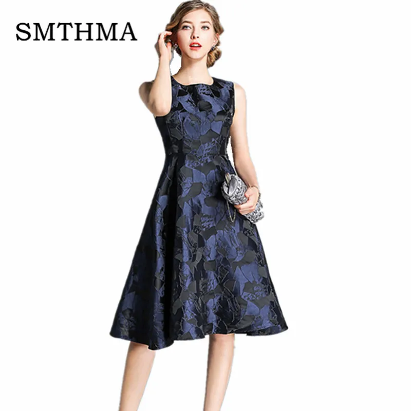 

SMTHMA 2019 New Designer Runway Autumn And Winter Chic Dress Women's Sleeveless Jacquard Floral Print Vintage Casual Dress