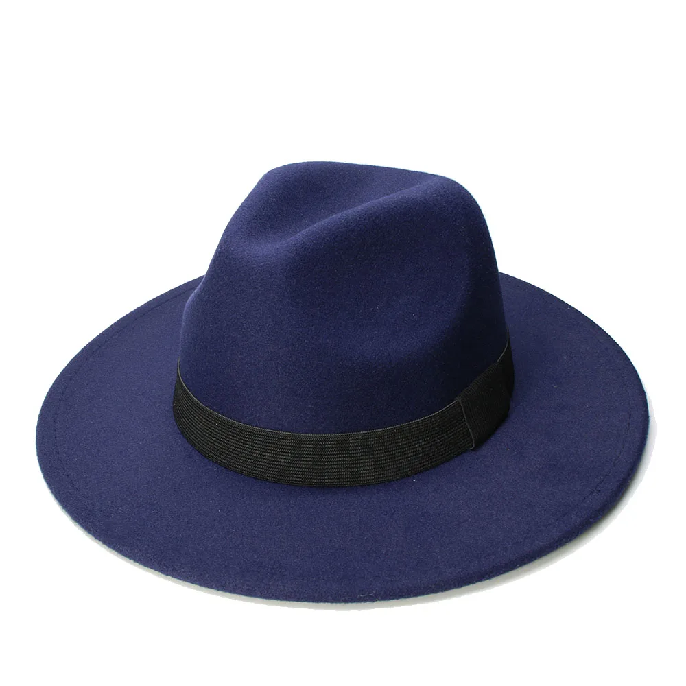 

LUCKYLIANJI Retro Vintage 100% Wool Wide Brim Solid Cap Fedora Panama Jazz Bowler Hat Black Elastic Rope Band (57cm-adjusted)