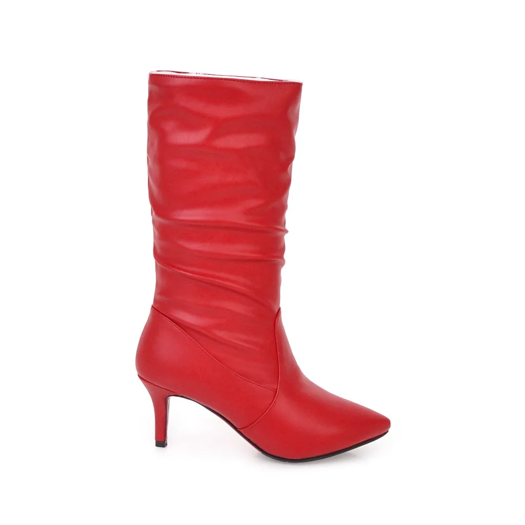 Женские зимние теплые плюшевые ботинки; ботильоны на тонком высоком каблуке; женская обувь с острым носком; цвет черный, красный, белый; большие размеры 43;