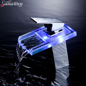 

Chrome LED Glass Spout Bathroom Basin Faucet Vanity Sink Mixer Tap Deck Mounted Waterfall