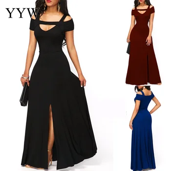 

2019 Solid Black Elegant Evening Dress Women V Neck Off The Shoulder Sexy Robe Femme Plus Size Hollow Side Slit Long Party Dress