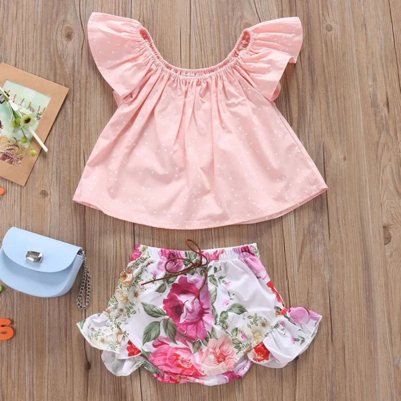 

Cool Summer Baby Girl Casual Flare Sleeve Cotton Dot Print Tops Floral Pattern Briefs Shorts Outfits Set Gaming Party Gifts