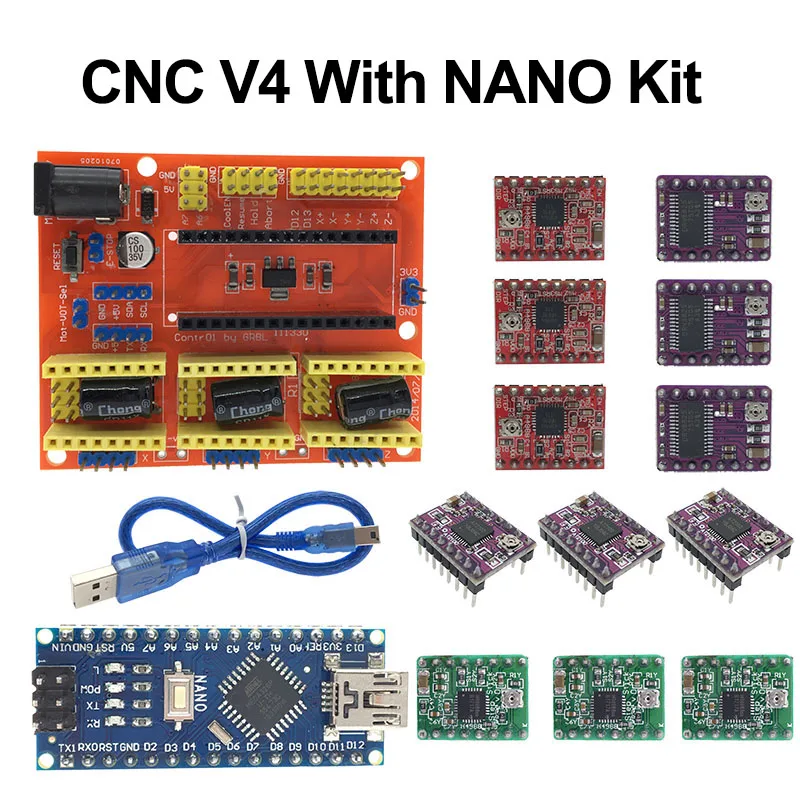 

CNC Shield V4 Expansion Board +NANO 3.0 with usb for Arduino+3pcs Stepper Motor Driver A4988/DRV8825/AT2100 Kit for 3D Printer