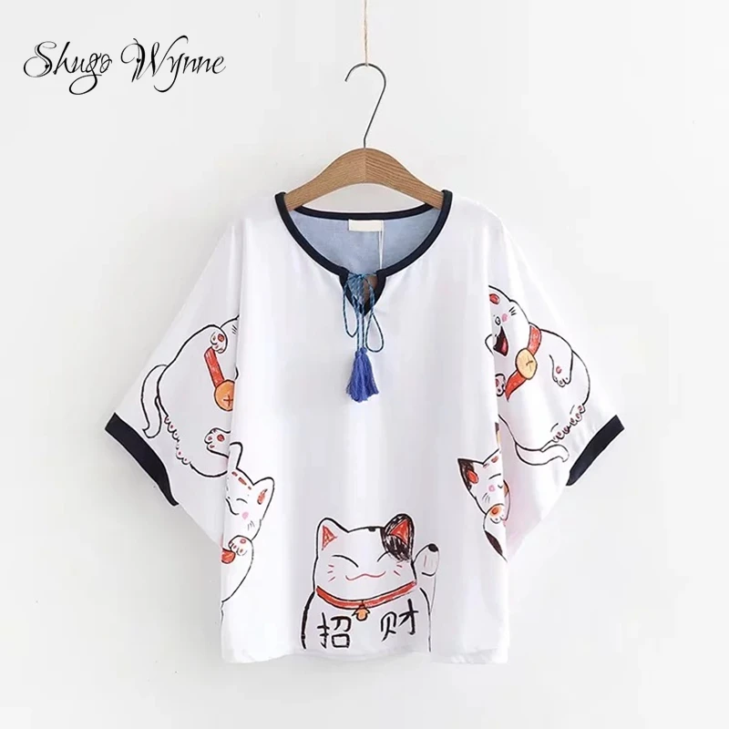 

Shugo Wynne Sweet Tee 2019 Summer New Women Cute Lucky Cat Print O-neck Tassel Lace-up Cloak T-shirts Loose Casual T shirt Tops