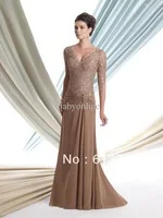 2013 Sexy V Neck Half Sleeves Brown Chiffon Ruffles Mother Of The Bride Dresses With Lace Beaded Top 113906