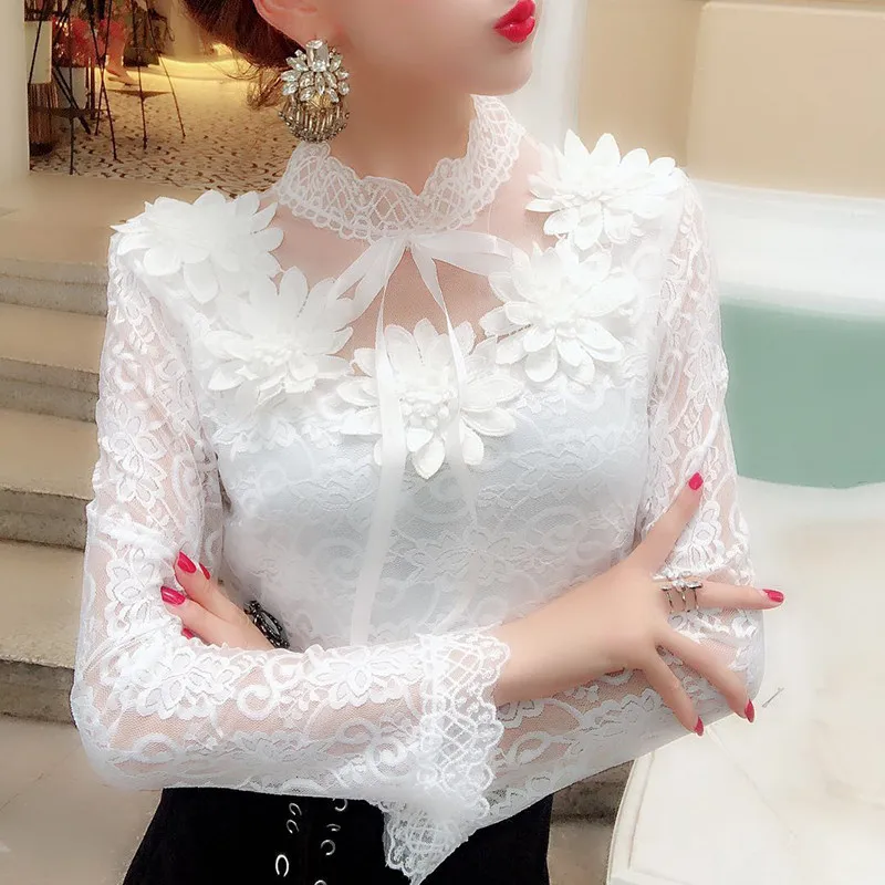 

2018 Spring Autumn Women Long Sleeve Blouse Sweet Floral Hollow Lace Shirt Female Bow Mesh Blouses Short Bottoming Tops AB1138