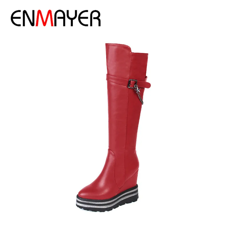 

ENMAYER 2018 Winter Woman's Shoes Knee High Rainboots Warm Black Red High Heels Boots Ladies Platform Shoes Size 34-39 CY081
