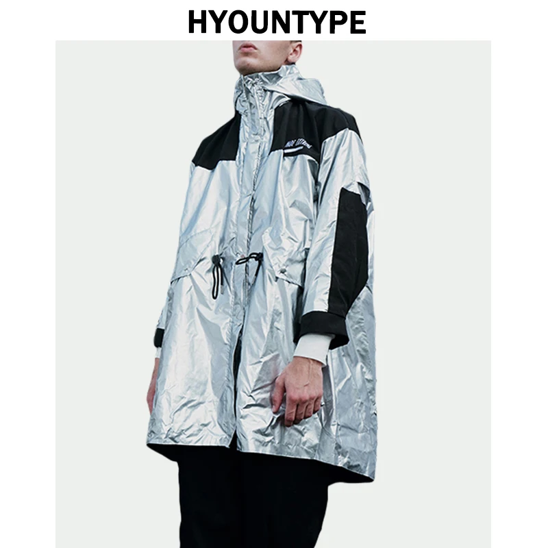 

Hip Hop Silver Windbreaker Trench Jackets Men Patchwork Drawstring Waist Hooded Sweatshirt Streetwear Autumn Long Outwear Jacket