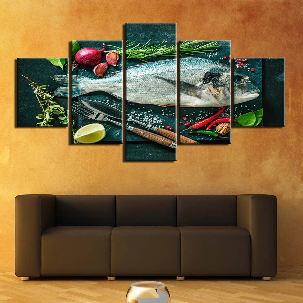 

5 Panels fish Ingredients Wall Art Pictures Canvas Painting HD Prints and Posters for Living Room Home Decoration Giclee Artwork
