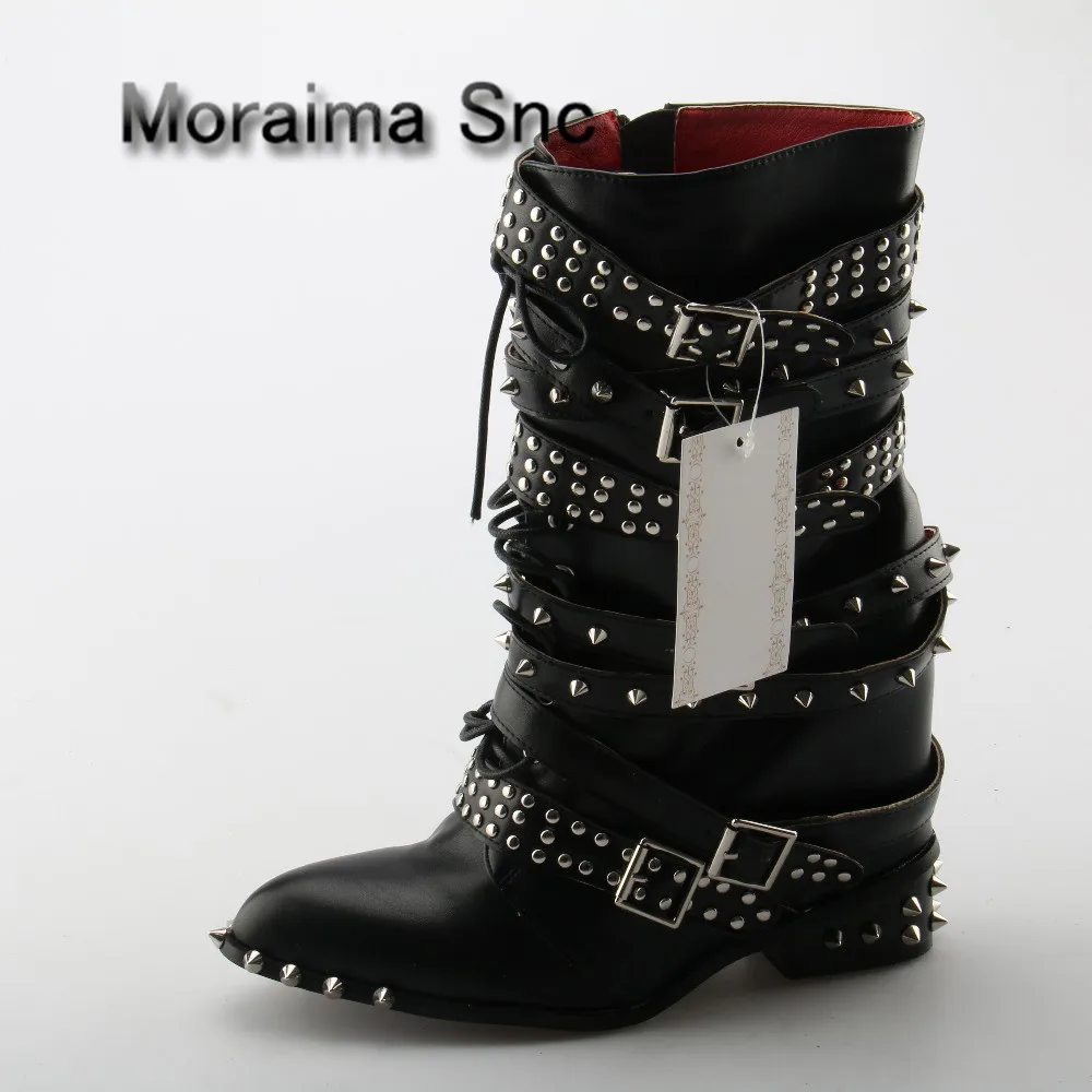 

Moraima Snc Pointed Toe Black Color Side Zip Women Short Booties Brand Design Super Star Runway Shoes Stylish Rivets Heel Boots