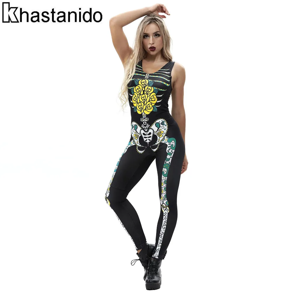 Overalls For Women Sexy Bodycon Jumpsuits Skeleton 3d Print Sleeveless O-Neck Fitness Rompers Casual Halloween Clothing Femme