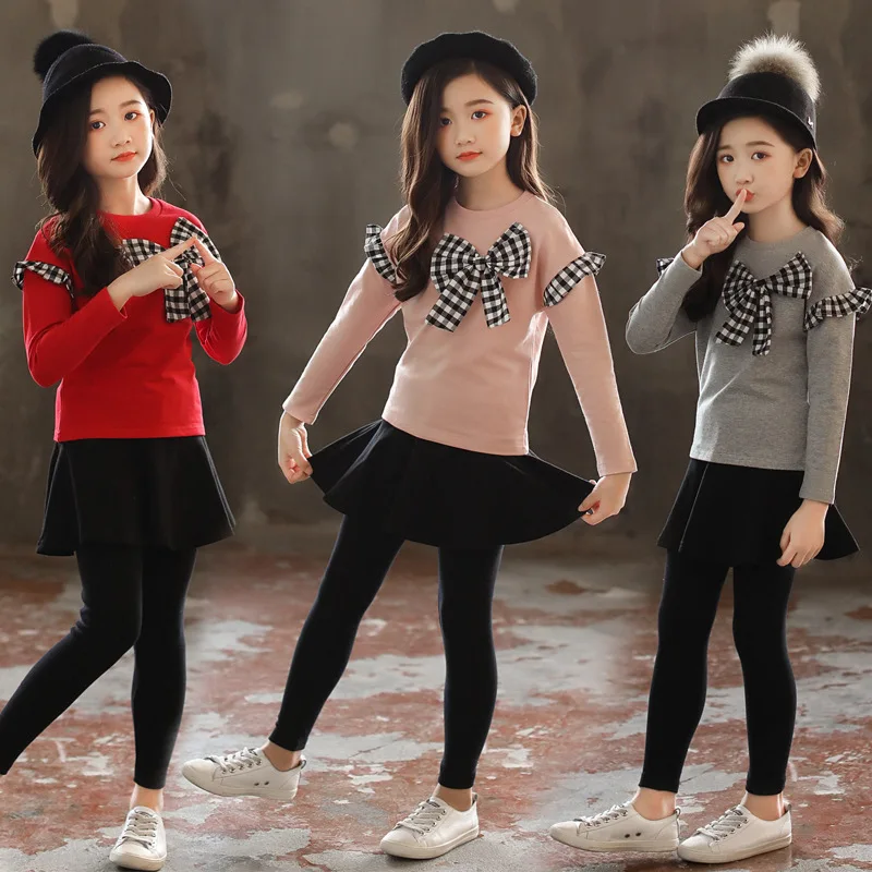 

Spring Fall 2019 Children's Sports Suits Teenage Girl Plaid Bow Sweatshirt and Black Skirt Leggings Cotton Clothes Set 6 8 11Yrs