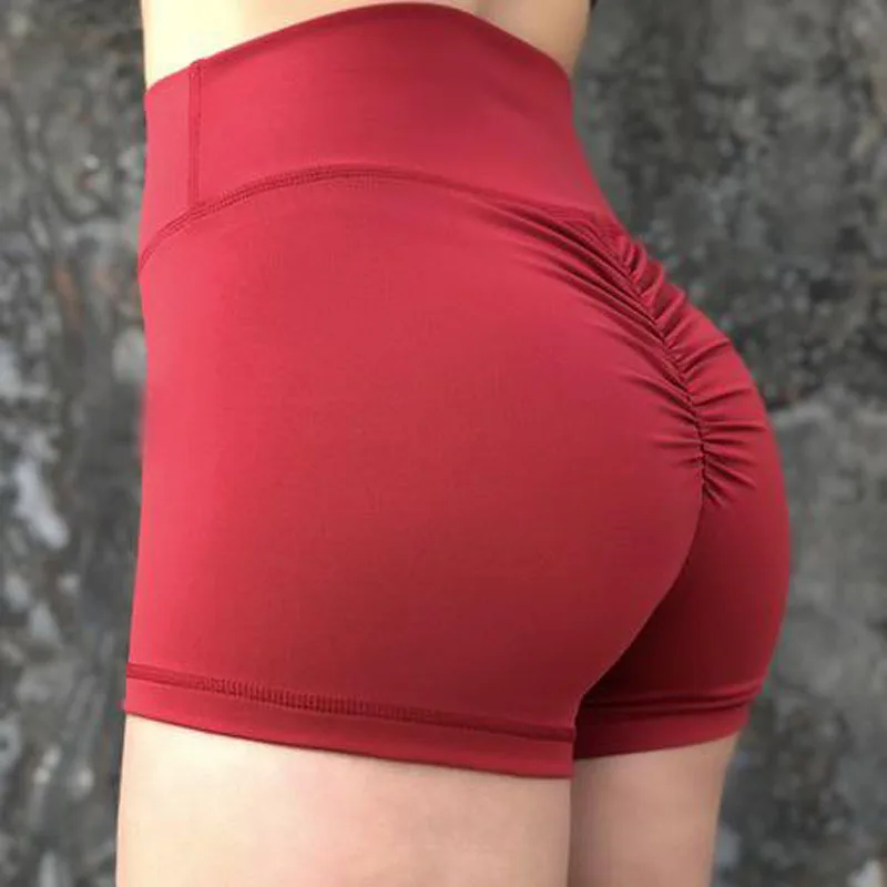 Шорты для тренировок с высокой талией, Женские однотонные шорты для фитнеса, Sxey, пуш-ап, шорты со складками, Femme, быстросохнущая спортивная одежда - Цвет: Red