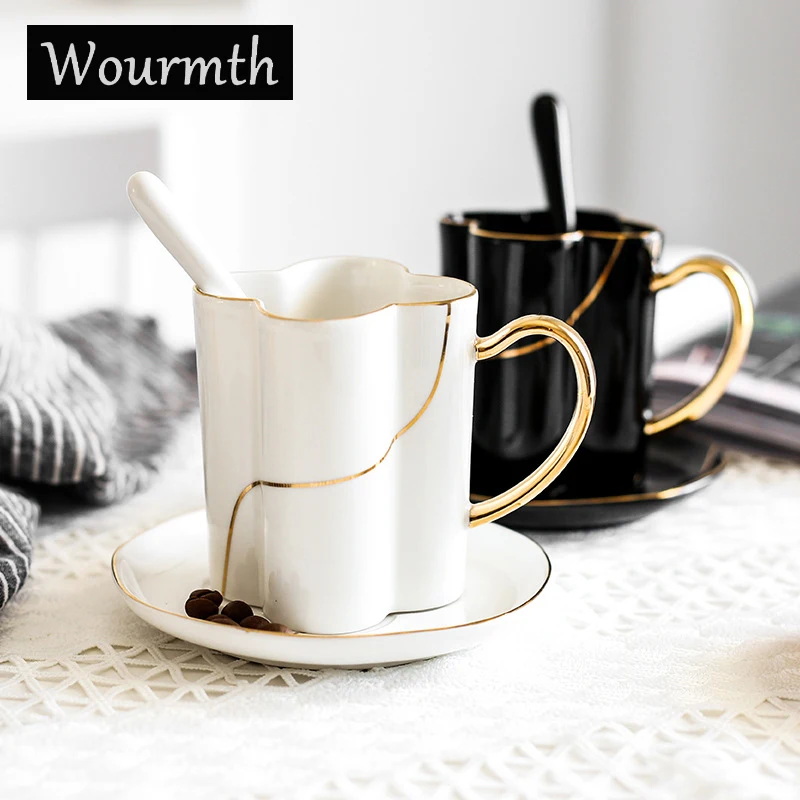 

Wourmth Nordic Luxury Teacup Saucer 250ML Office Coffee Cup High- QualityCeramic Breakfast Juice Milk Cup Porcelain Couple Gift