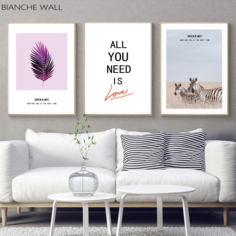 

Purple Leaf Zebra Love Phrase Canvas Art Poster Print Nordic Style Landscape Canvas Painting Wall Picture for Living Room