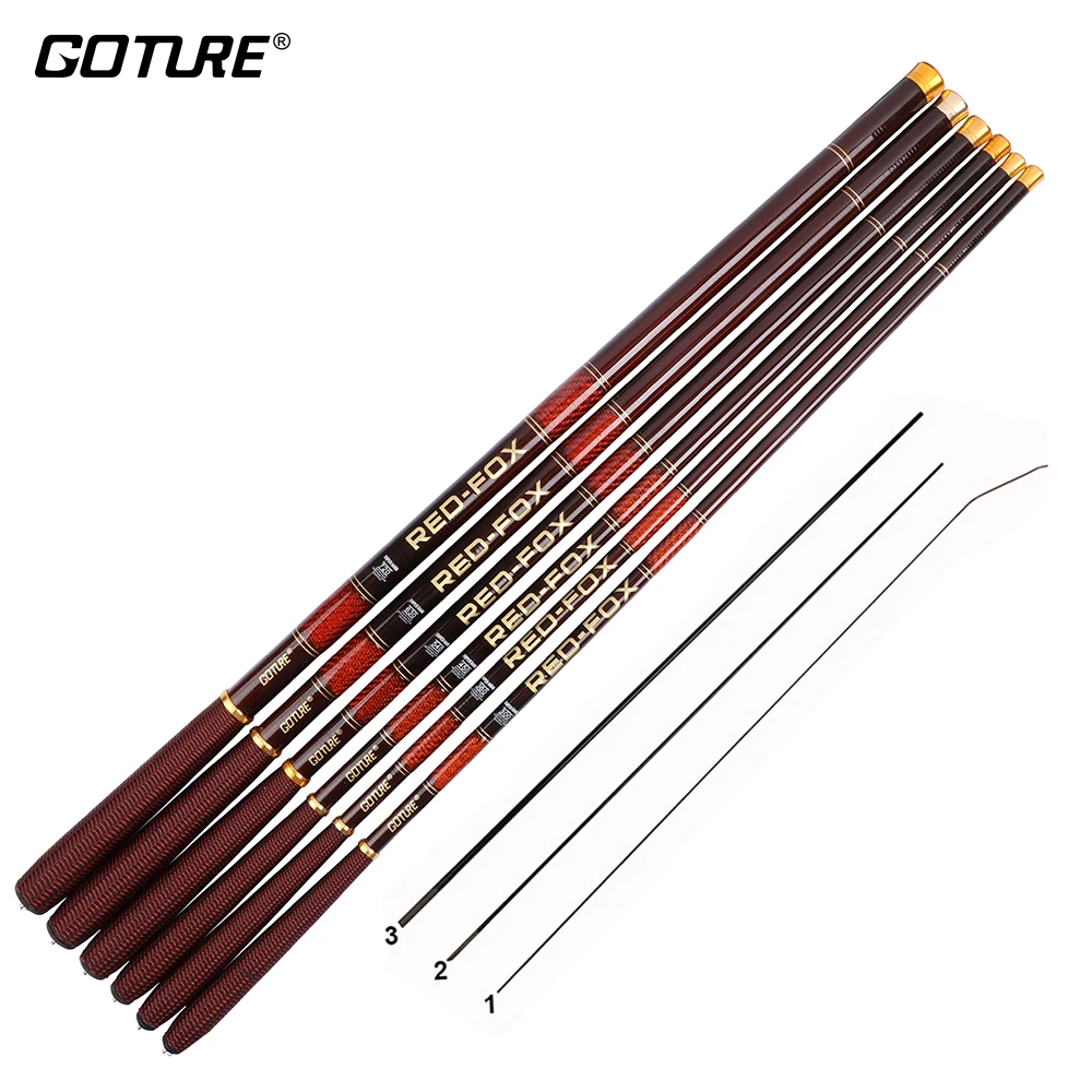 Goture الأحمر-الثعلب جدا ضوء الكربون الألياف تيار الصيد قضيب 3.0 M 3.6 M 4.5 M 5.4 M 6.3 M 7.2 m تلسكوبي الكارب الصيد قصبة ناحية القطب